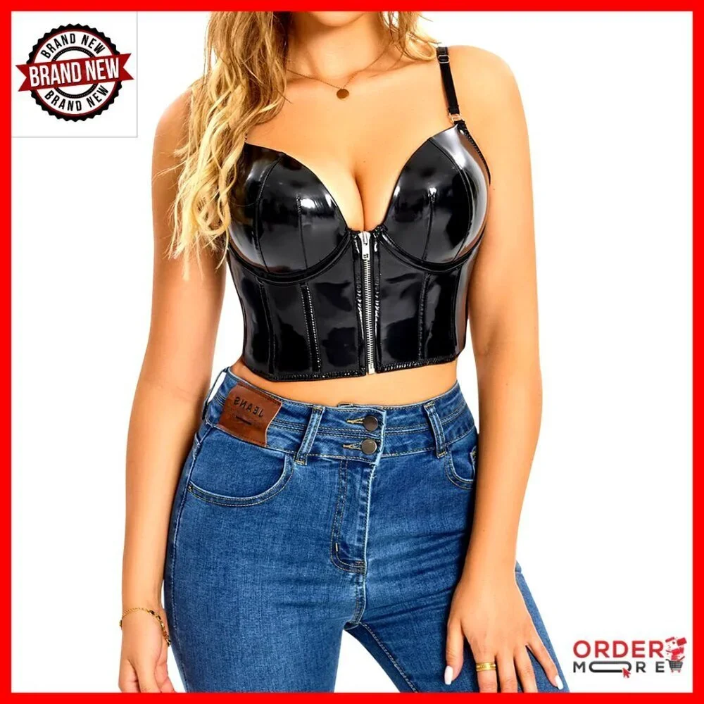 Punk Gothic PU Leather Push Up Corset Bustier Crop Top Lingerie Y2K